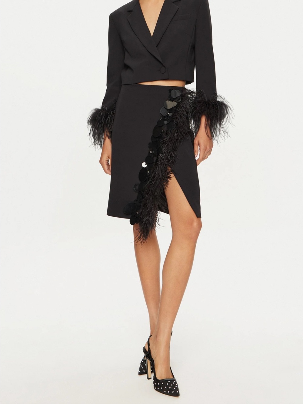 Pinko Sylvaner Gonna Crepe Feather Embellished Skirt 4